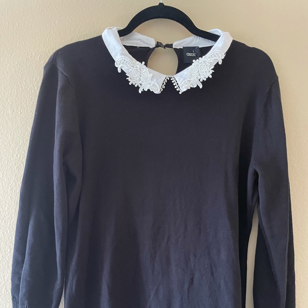 Asos black sweater dress with Victorian style collar NWT